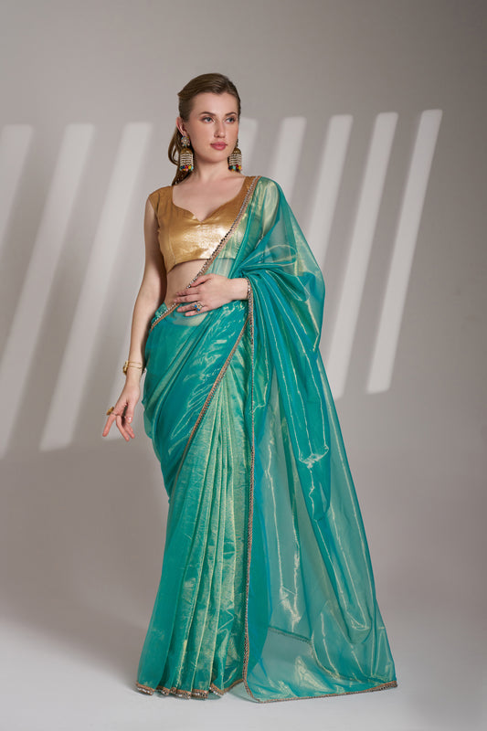 Sea Green Twill Net Saree with Designer Lace and Unstitched Blouse – Party & Festive Wear