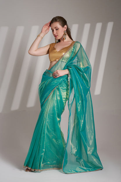 Sea Green Twill Net Saree with Designer Lace and Unstitched Blouse – Party & Festive Wear