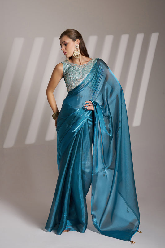 Sea Blue Party Wear Burberry Organza Saree