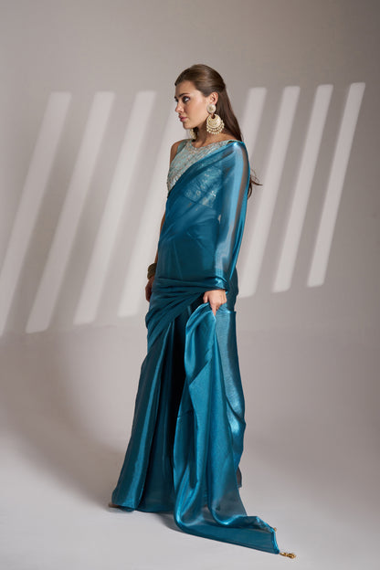 Sea Blue Party Wear Burberry Organza Saree