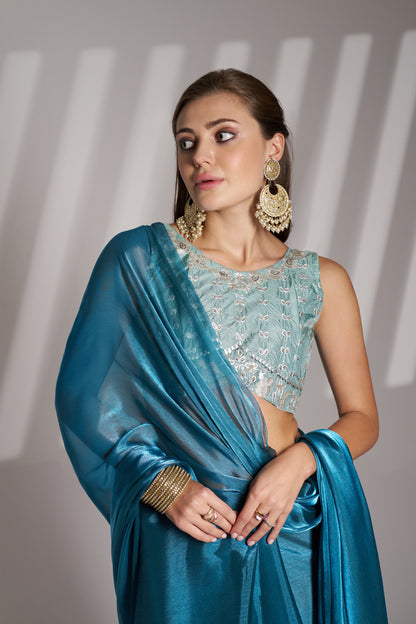 Sea Blue Party Wear Burberry Organza Saree