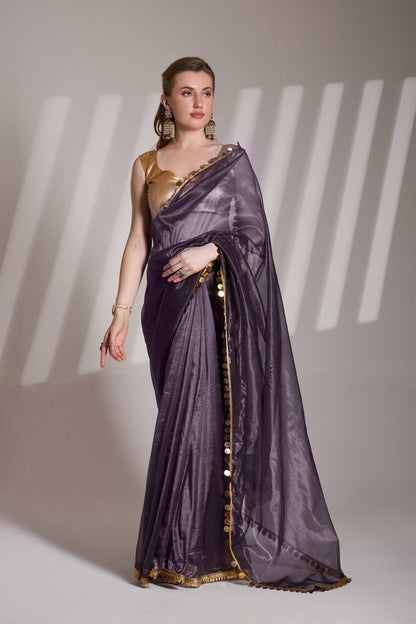Purple Color Twill Net Saree with Designer Lace and Unstitched Blouse – Party & Festive Wear