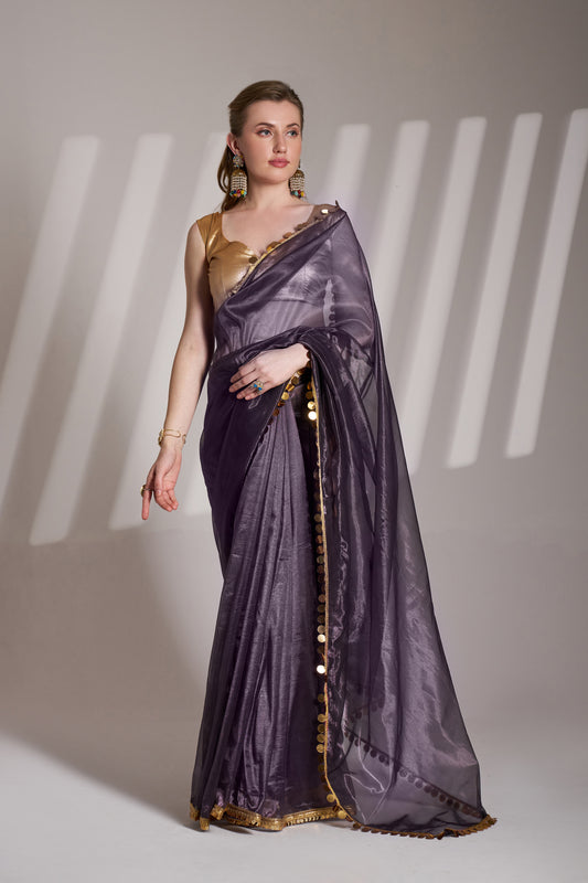 Purple Color Twill Net Saree with Designer Lace and Unstitched Blouse – Party & Festive Wear