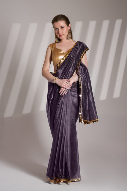 Purple Color Twill Net Saree with Designer Lace and Unstitched Blouse – Party & Festive Wear