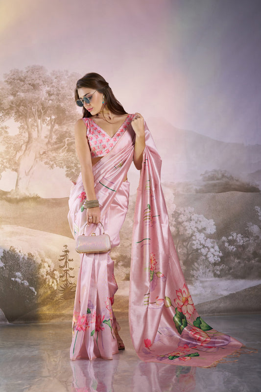 Pink Linen Floral Print Party Wear Saree