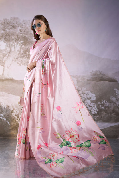 Pink Linen Floral Print Party Wear Saree
