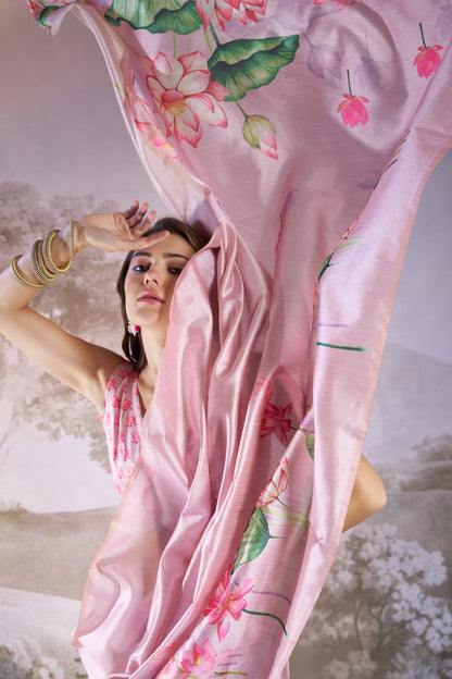 Pink Linen Floral Print Party Wear Saree