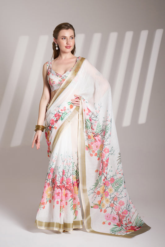 White Color Linen Floral Print Party Wear Saree