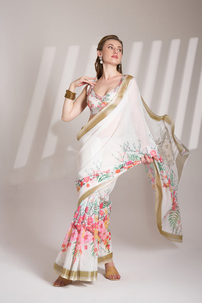 White Color Linen Floral Print Party Wear Saree