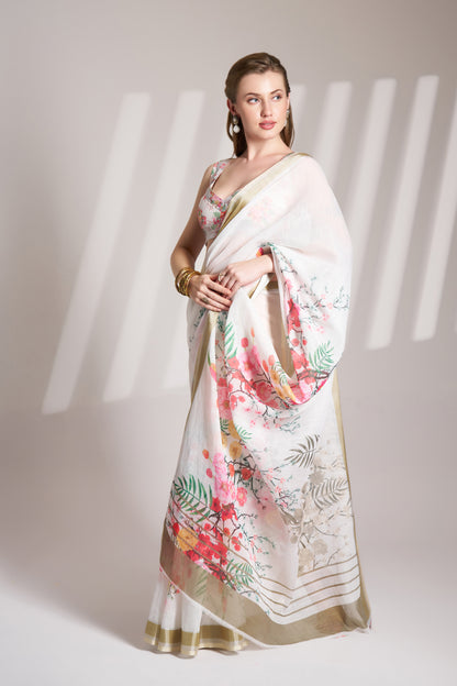 White Color Linen Floral Print Party Wear Saree