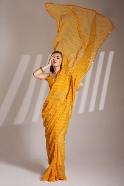 Yellow Georgette Laheriya Print Party Wear Saree with Fancy Lace