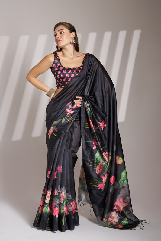 Black Linen Floral Print Party Wear Saree