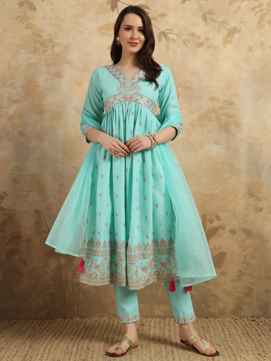 Sky Blue Color Rayon Slub With Foil Print Kurti Pant Set