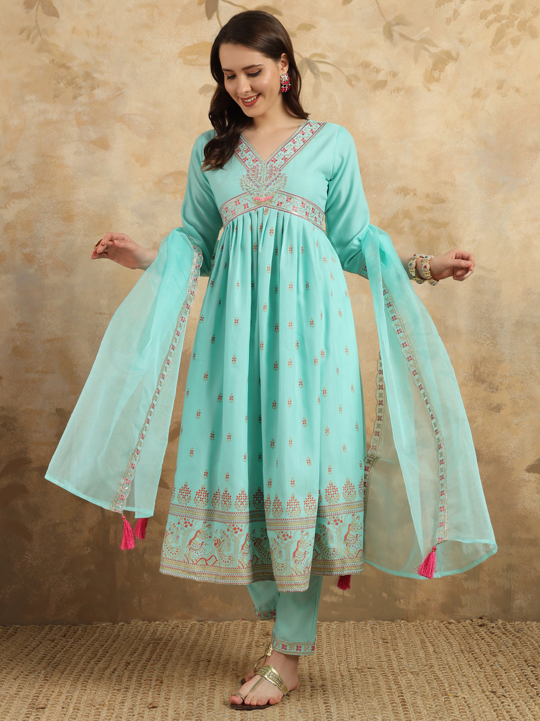 Sky Blue Color Rayon Slub With Foil Print Kurti Pant Set
