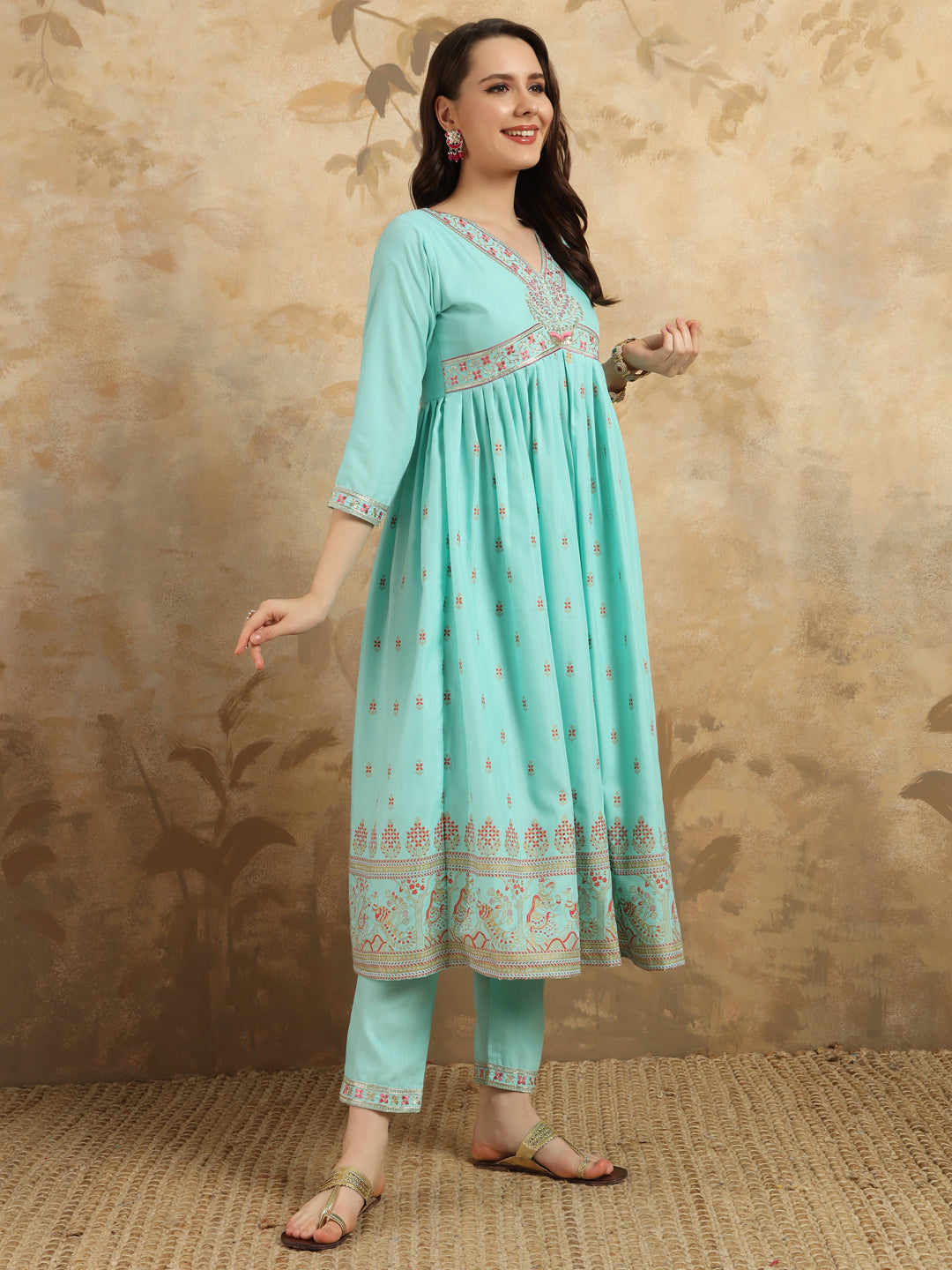 Sky Blue Color Rayon Slub With Foil Print Kurti Pant Set
