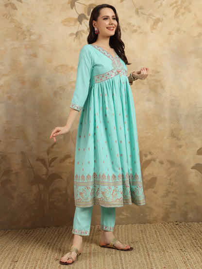 Sky Blue Color Rayon Slub With Foil Print Kurti Pant Set