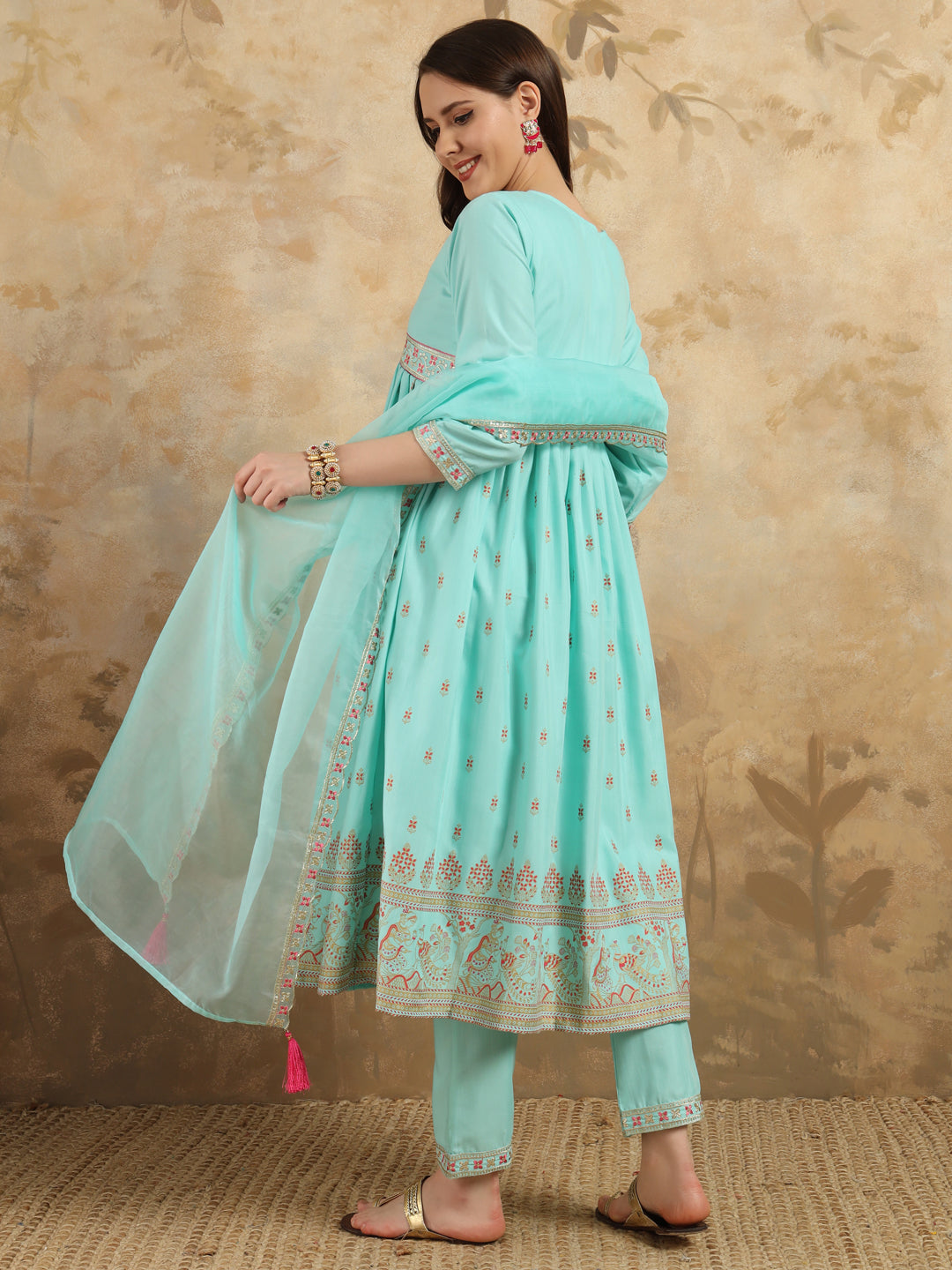 Sky Blue Color Rayon Slub With Foil Print Kurti Pant Set