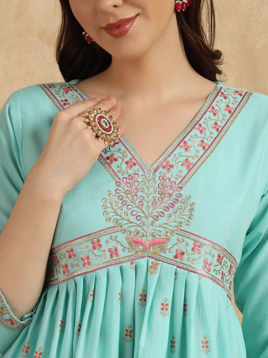 Sky Blue Color Rayon Slub With Foil Print Kurti Pant Set