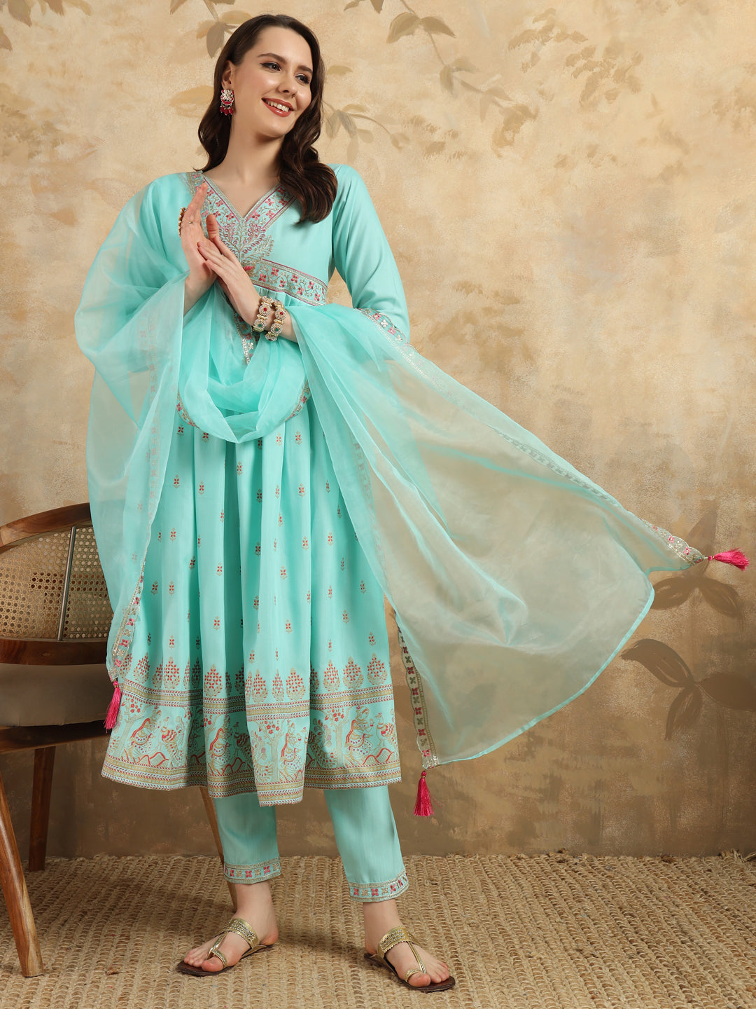 Sky Blue Color Rayon Slub With Foil Print Kurti Pant Set