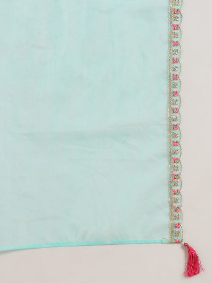 Sky Blue Color Rayon Slub With Foil Print Kurti Pant Set