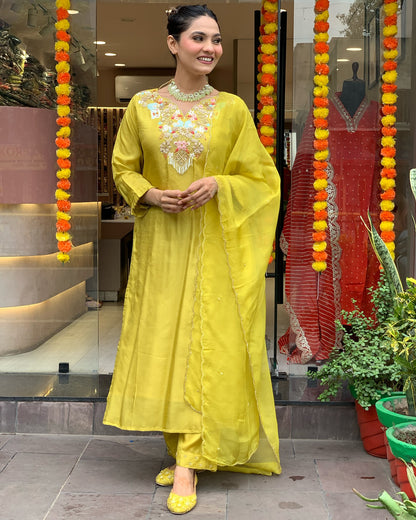 Lemon Color Chanderi Slik Kurti Pant Set