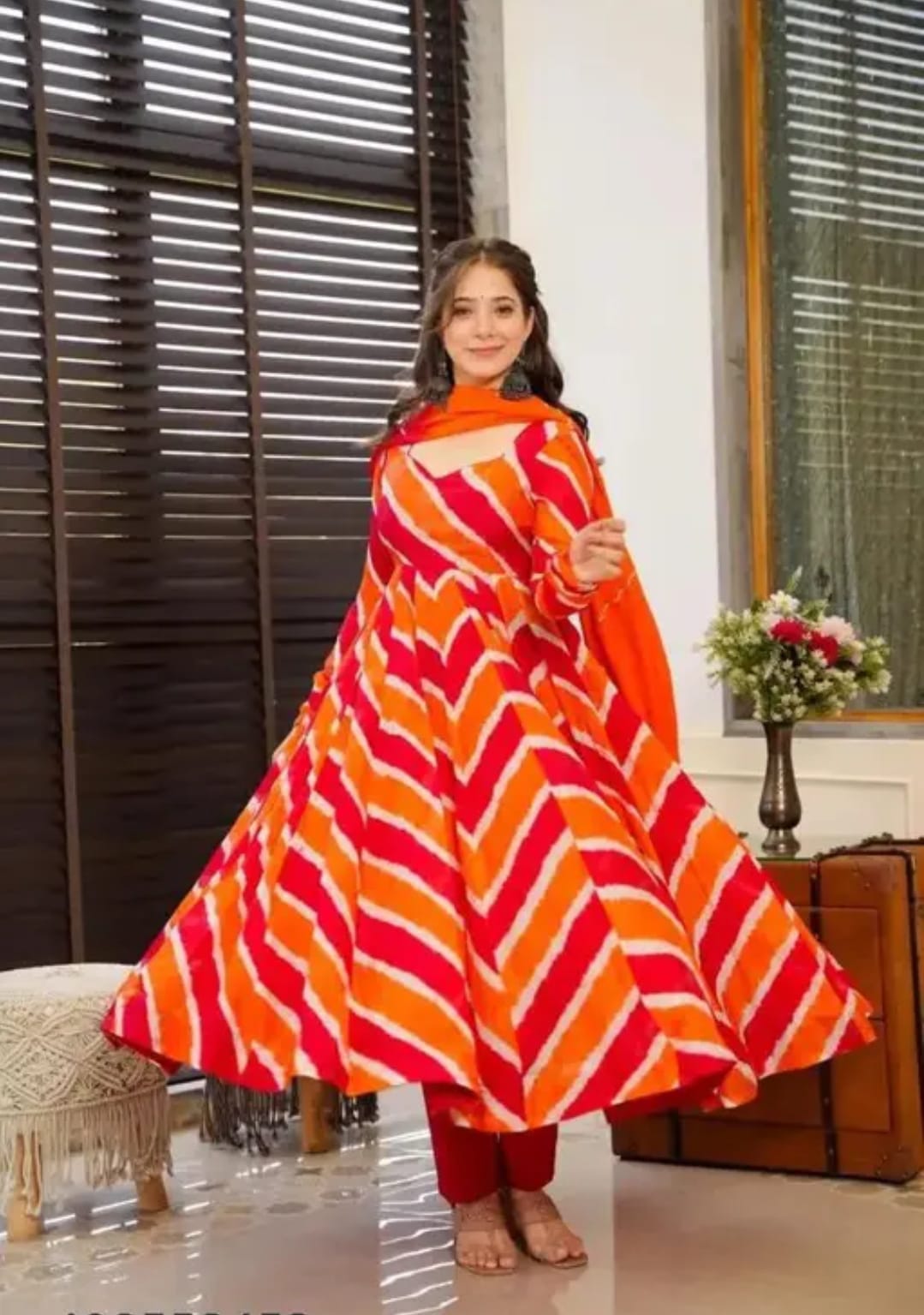 Orange Color Muslin Designer Kurti Pant Set