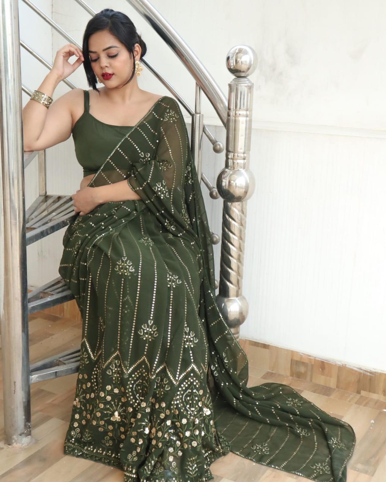 Olive Green Color Embroidery Sequence work Saree