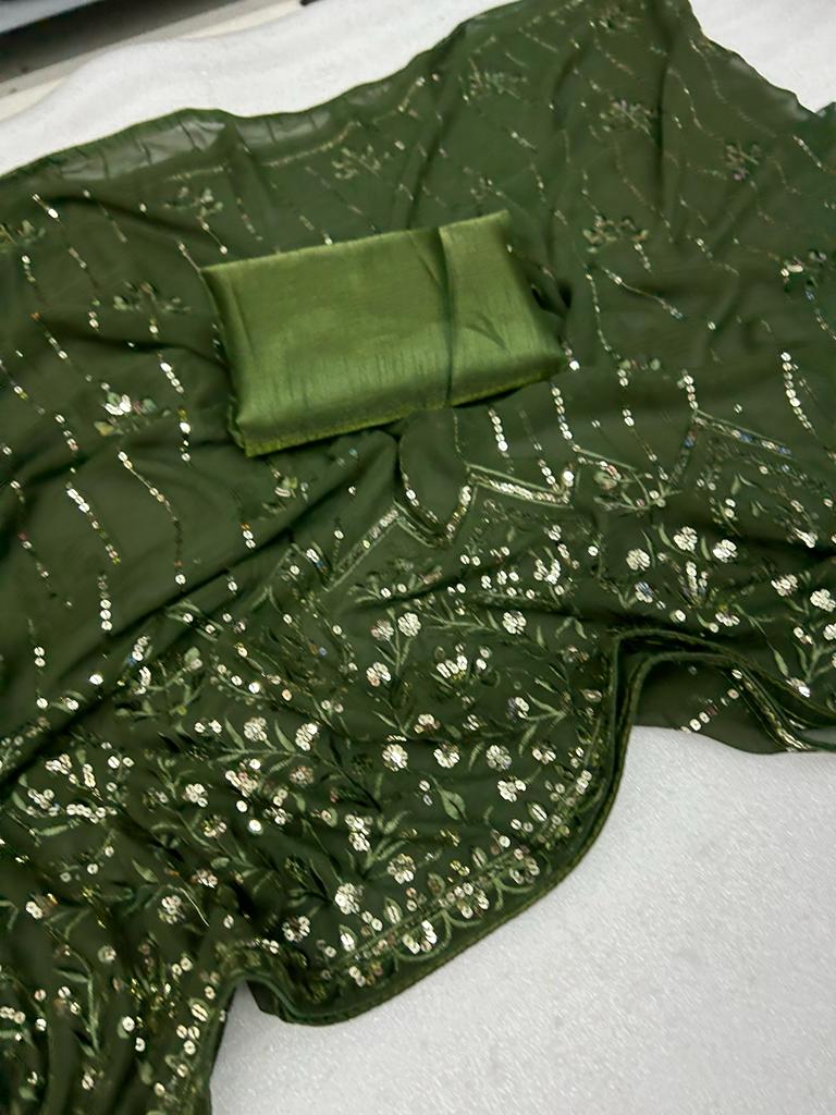 Olive Green Color Embroidery Sequence work Saree