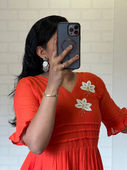 Amazing Orange Color Hand Maggam Work Kurti