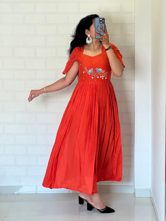 Orange Color Pure Mul Cotton Hand Maggam work Kurti