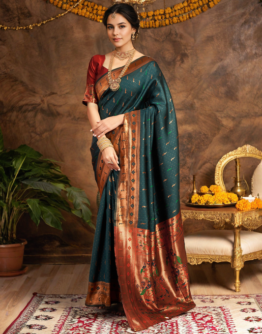 Amazing Dark Green Color Silk Woven Weaving Work Paithani Saree