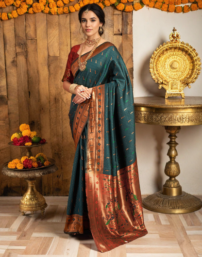 Amazing Dark Green Color Silk Woven Weaving Work Paithani Saree
