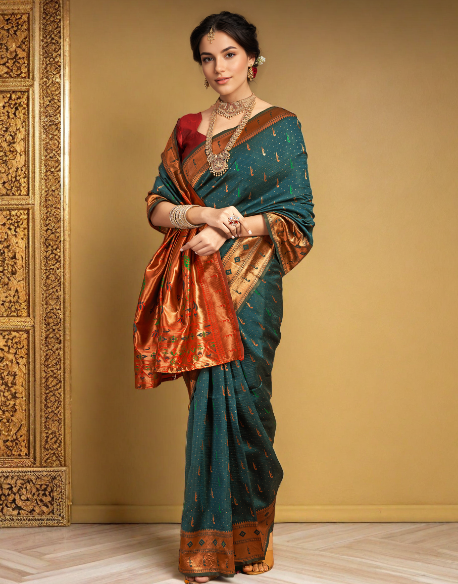 Amazing Dark Green Color Silk Woven Weaving Work Paithani Saree
