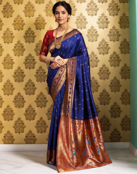 Amazing Navy Blue Color Silk Woven Weaving Work Paithani Saree
