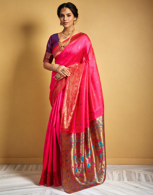 Amazing Pink Color Silk Woven Weaving Work Paithani Saree