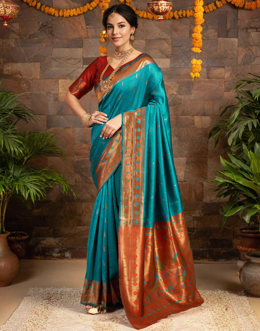 Amazing Rama Color Silk Woven Weaving Work Paithani Saree