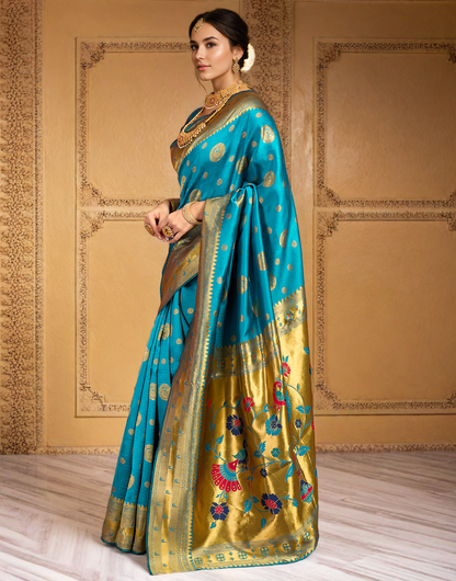 Aqua Color Silk Woven Weaving Work Paithani Saree