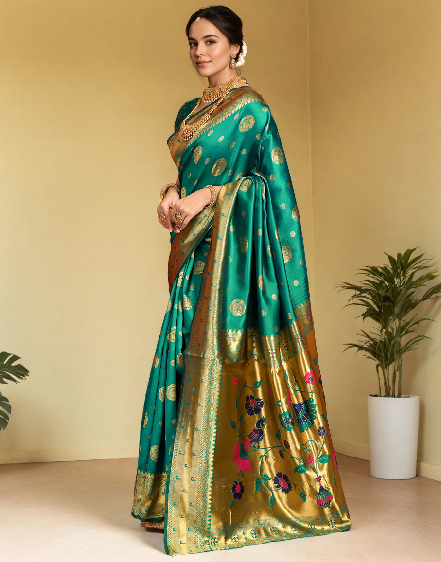Green Color Silk Woven Weaving Work Paithani Saree