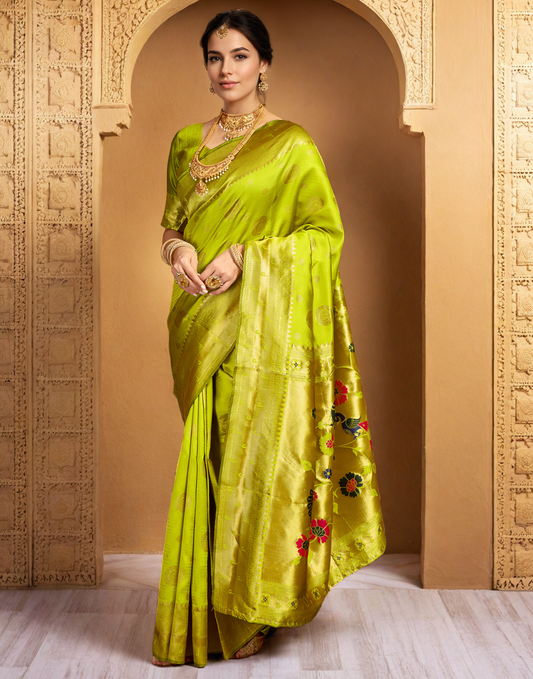 Lime Green Color Silk Woven Weaving Work Paithani Saree