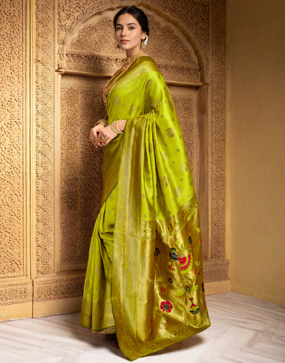 Lime Green Color Silk Woven Weaving Work Paithani Saree