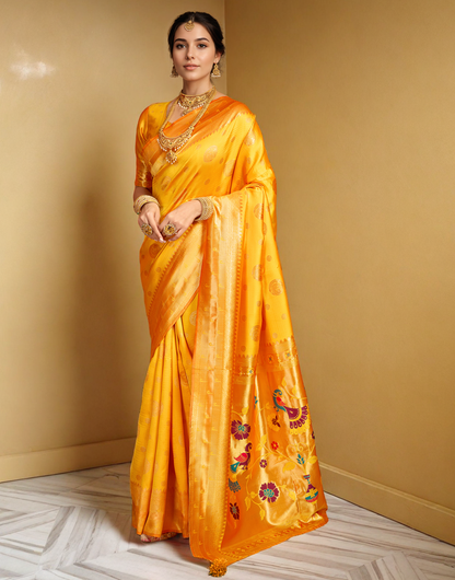 Musturd Color Silk Woven Weaving Work Paithani Saree