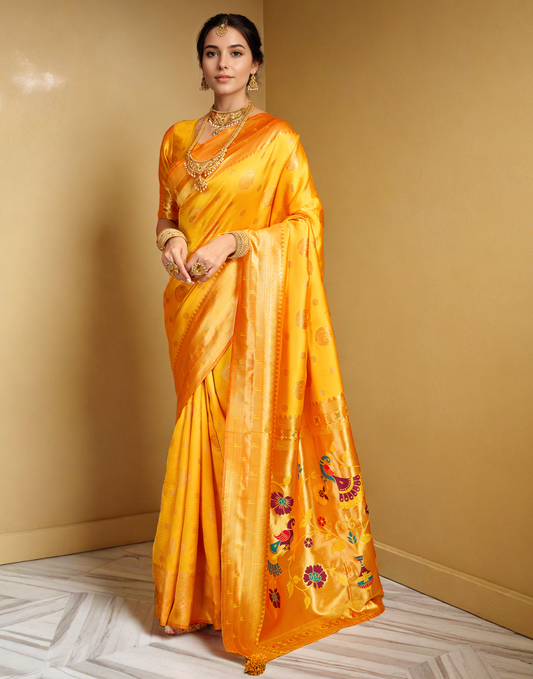 Musturd Color Silk Woven Weaving Work Paithani Saree