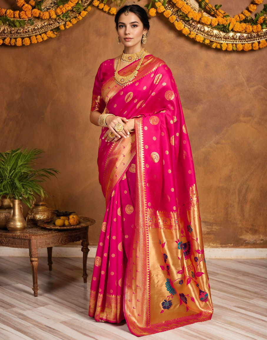 Pink Color Silk Woven Weaving Work Paithani Saree
