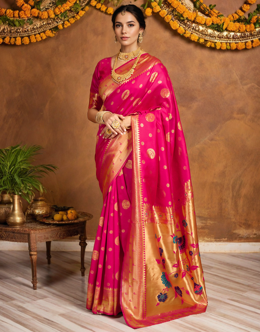 Pink Color Silk Woven Weaving Work Paithani Saree