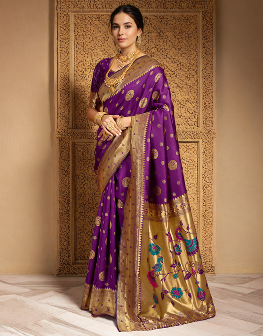Purple Color Silk Woven Weaving Work Paithani Saree