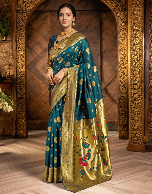 Teal Color Silk Woven Weaving Work Paithani Saree