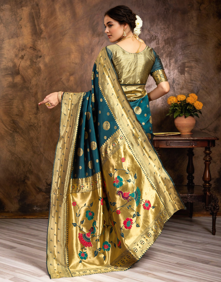 Teal Color Silk Woven Weaving Work Paithani Saree