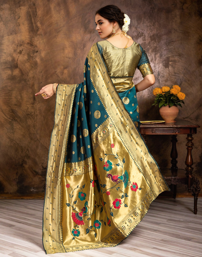 Teal Color Silk Woven Weaving Work Paithani Saree