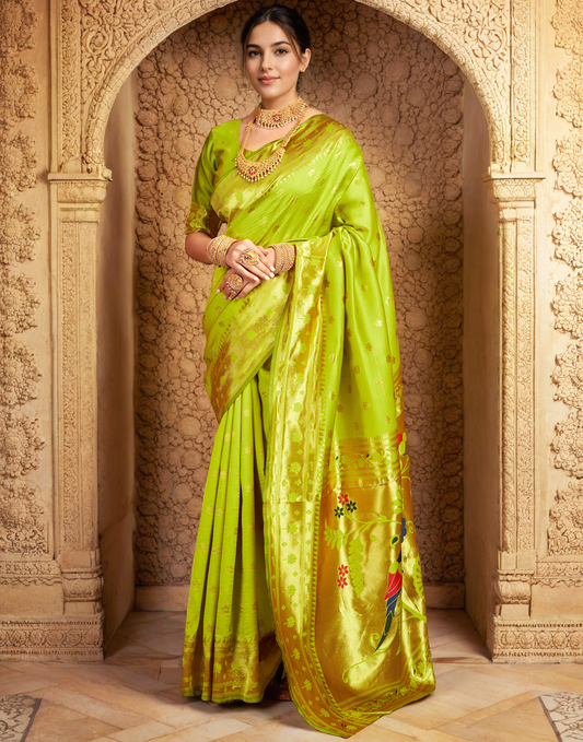 Lime Green Color Silk Weaving Work Paithani Saree