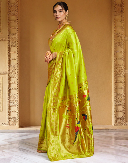 Lime Green Color Silk Weaving Work Paithani Saree
